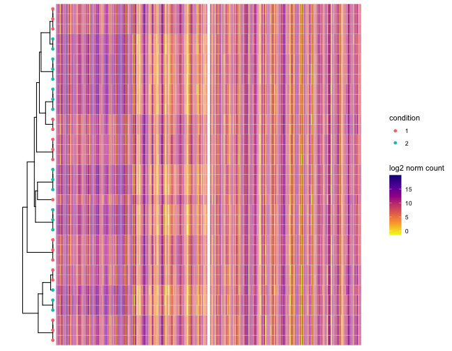 Example figures from the summarization report generated for a simulated data set. The tips colored by true differential expression status. Only the first 400 genes are represented. The first block of 200 genes are differencially expressed between condition 1 and 2. The second block of 200 genes are not differencially expressed.